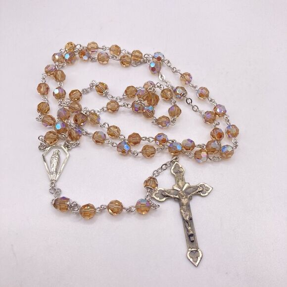 Vintage Signed “BLI” Bliss Sterling Silver And Peach AB Glass Beads Rosary - Picture 1 of 10